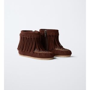 NWT zara embroidered leather boots cowhide fringe burgundy red SZ 25 / 9 girls